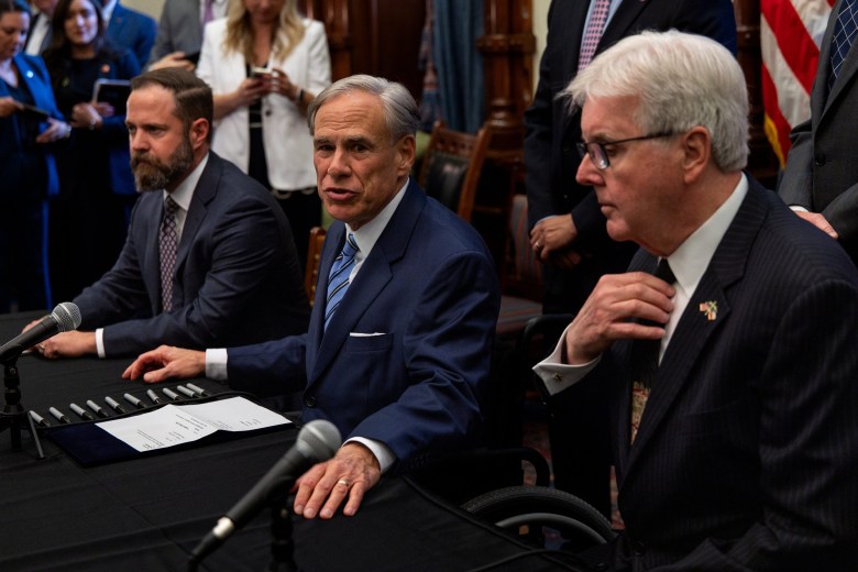 From left: Texas House Speaker Dustin Burrows, Gov. Greg Abbott and Lt. Gov. Dan Patrick at the Capitol in Austin on April 23, 2025.
