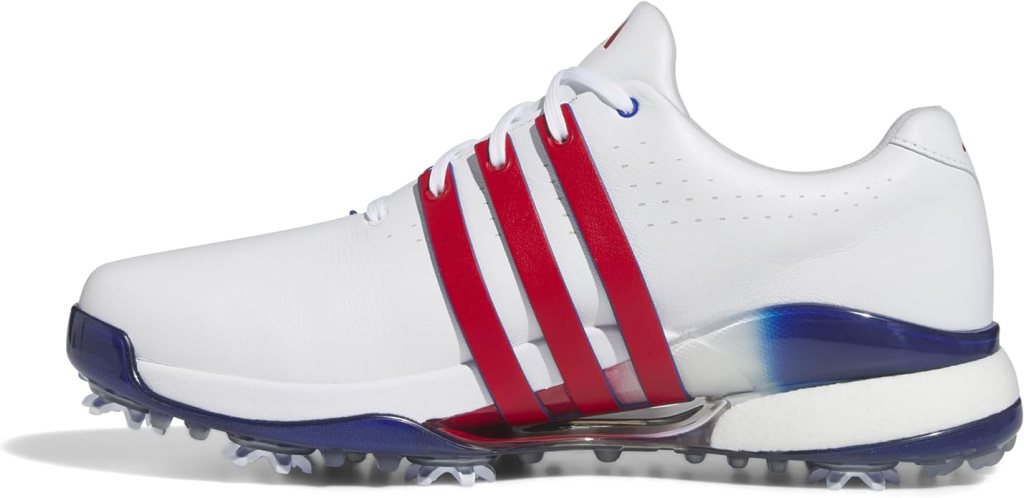Adidas men's tour golf shoe in white with red stripes and blue accents.