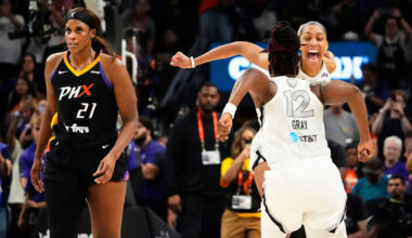 Las Vegas Aces forward A’ja Wilson and boyfriend Miami Heat player Bam Adebayo watch the three-point contest during the 2025 WNBA All Star Skills Challenge at Gainbridge Fieldhouse.