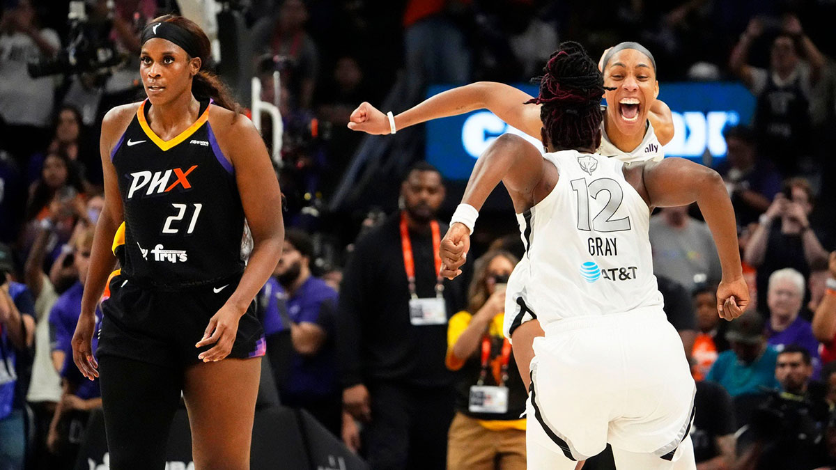 Las Vegas Aces forward A’ja Wilson and boyfriend Miami Heat player Bam Adebayo watch the three-point contest during the 2025 WNBA All Star Skills Challenge at Gainbridge Fieldhouse.