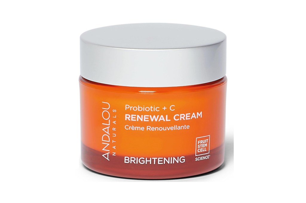 Andalou Naturals Probiotic + C Renewal Cream in a jar with a white lid.