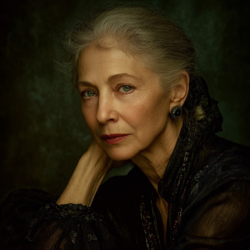 An elegant elderly woman with silver hair and blue eyes gazes thoughtfully at the camera, resting her head on her hand, wearing a black dress and ornate earrings against a dark, moody background.