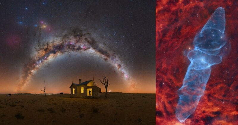 A small, lit house sits on a barren landscape under an arched, star-filled Milky Way. To the right is a colorful, red and blue nebula set against a dark space background.
