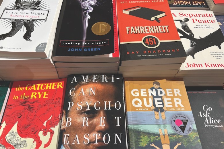 A book store display shows off frequently banned works of literature.