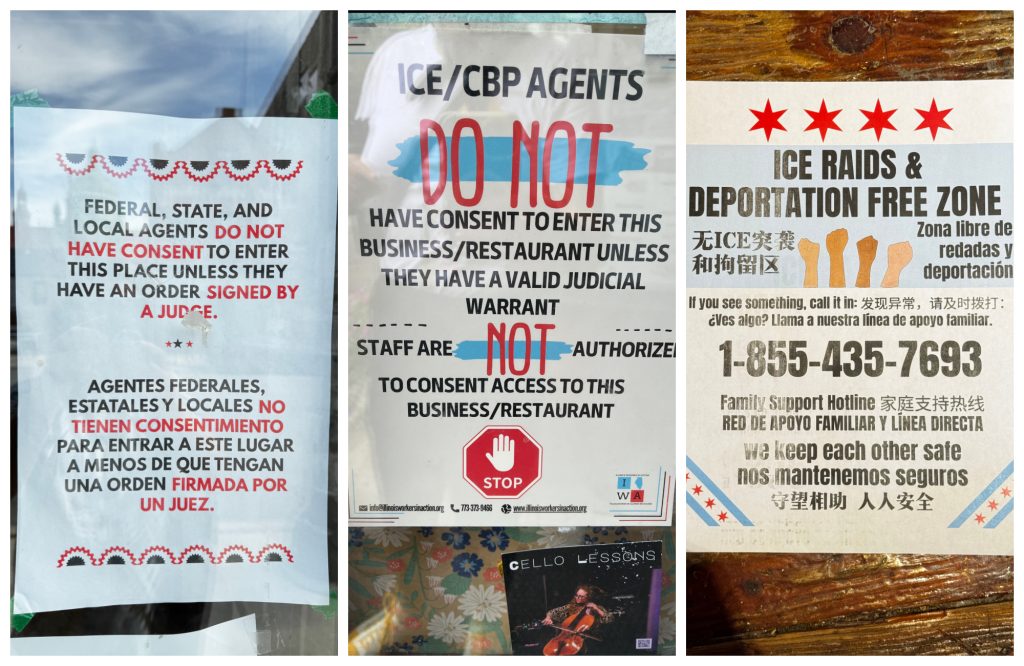Signs spotted in the windows of restaurants and independent businesses in Pilsen and Bridgeport, declaring ICE-free zones.