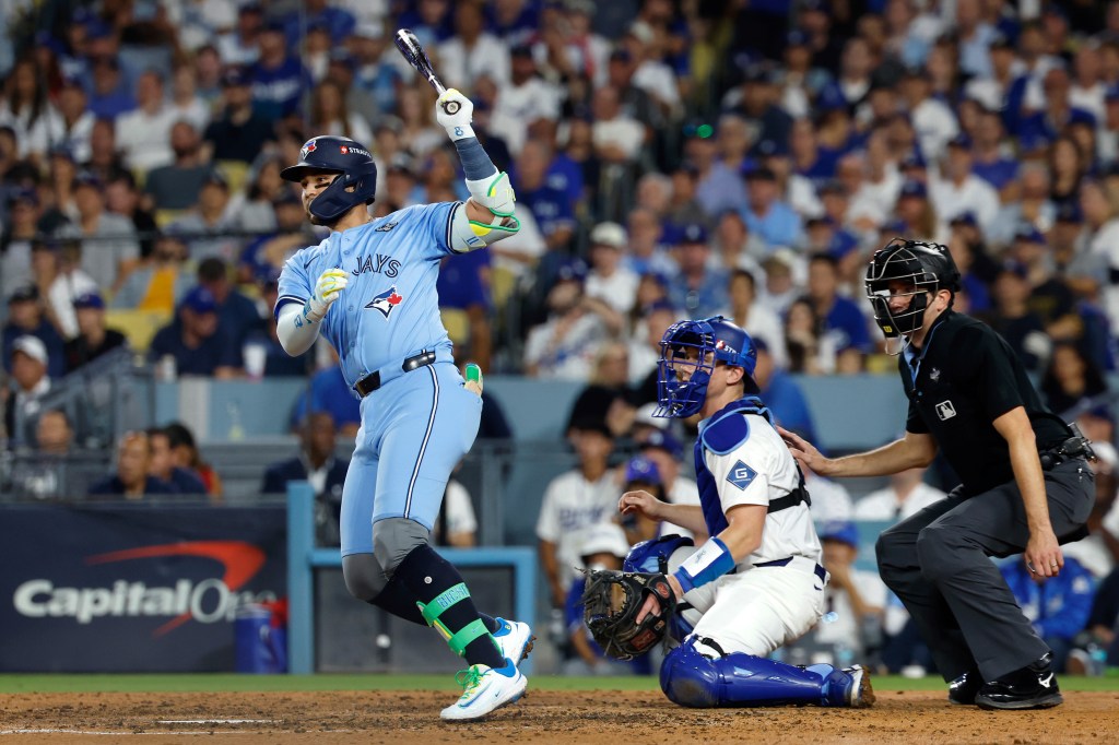 Bo Bichette, who was the DH in place of the injured George Springer, rips an RBI single in the seventh inning of the Blue Jays' Game 4 win over the Dodgers.