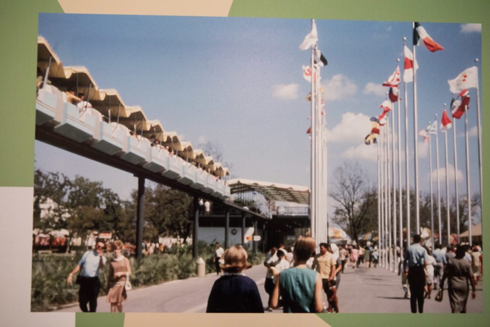 Images displaying the sky-ride that used to circle around HemisFair are displayed at the exhibit ¡Viva Hemisfair! in the Institute of Texan Cultures.