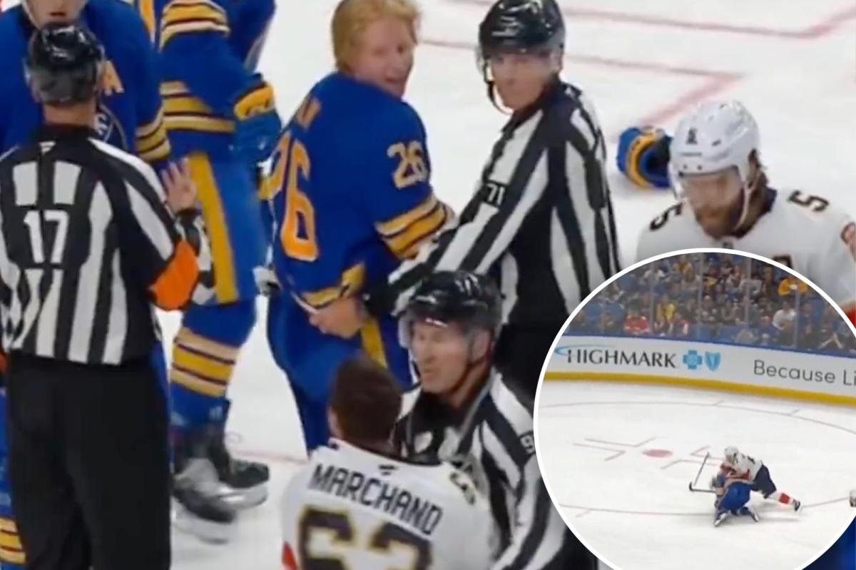 Panthers' Brad Marchand tears apart Sabres' Rasmus Dahlin's helmet