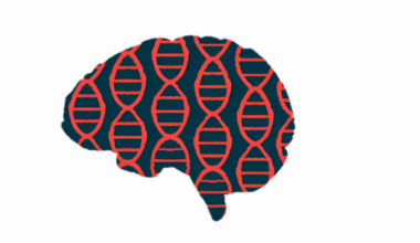 The human brain is shown in profile with DNA chains superimposed on it lengthwise.
