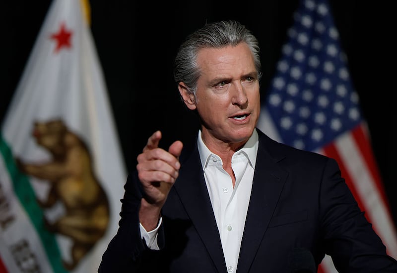 California Gov. Gavin Newsom speaks to reporters after he participated in a fireside chat at the California Economic Summit on October 22, 2025 in Stockton, California.