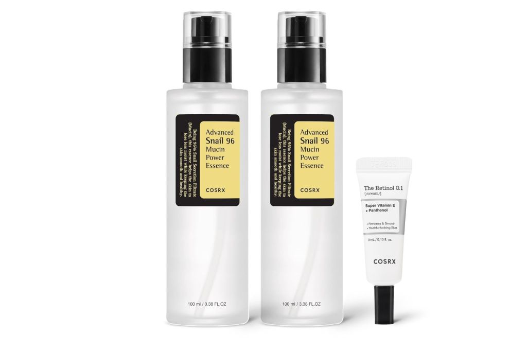 Two bottles of snail essense and a retinol cream.