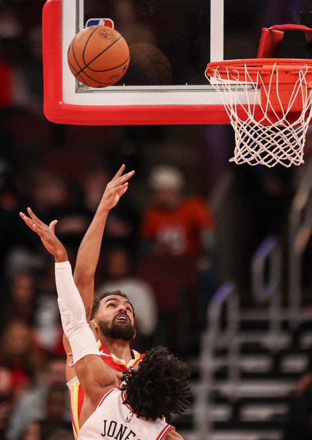 Atlanta Hawks guard Trae Young (11) goes up for a layup in the second quarter during a game against the Chicago Bulls, Monday, Oct. 27, 2025, at the United Center in Chicago. (Dominic Di Palermo/Chicago Tribune)