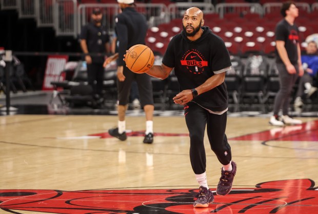 Chicago Bulls guard Jevon Carter (5) practices before a game against the Atlanta Hawks, Monday, Oct. 27, 2025, at the United Center in Chicago. (Dominic Di Palermo/Chicago Tribune)