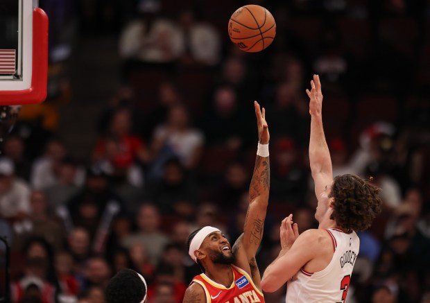 Chicago Bulls guard Josh Giddey (3) misses a basket in the third quarter during a game against the Atlanta Hawks, Monday, Oct. 27, 2025, at the United Center in Chicago. (Dominic Di Palermo/Chicago Tribune)