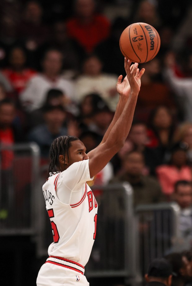 Chicago Bulls forward Julian Phillips (15) makes a basket in the third quarter during a game against the Atlanta Hawks, Monday, Oct. 27, 2025, at the United Center in Chicago. (Dominic Di Palermo/Chicago Tribune)