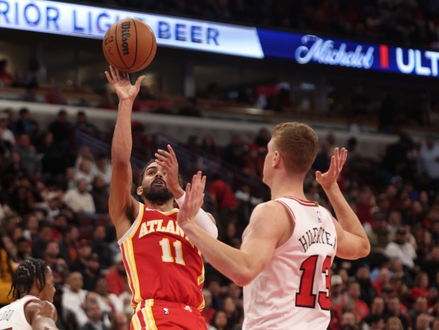 Atlanta Hawks guard Trae Young (11) goes up for a layup in the third quarter during a game against the Chicago Bulls, Monday, Oct. 27, 2025, at the United Center in Chicago. (Dominic Di Palermo/Chicago Tribune)