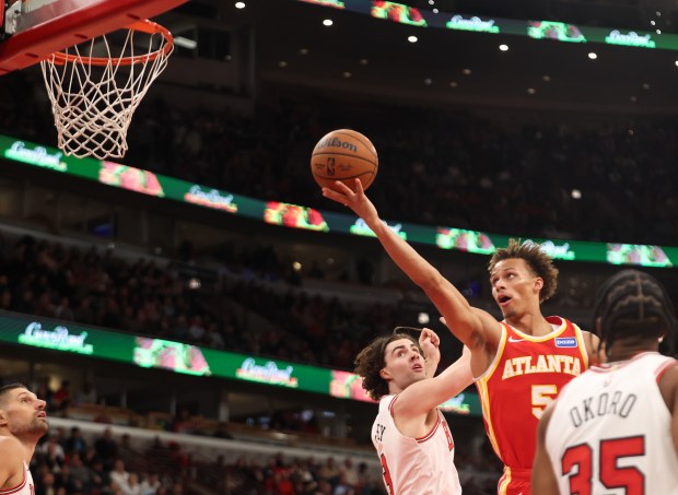 Atlanta Hawks guard Dyson Daniels (5) goes up for a layup in the fourth quarter during a game against the Chicago Bulls, Monday, Oct. 27, 2025, at the United Center in Chicago. (Dominic Di Palermo/Chicago Tribune)