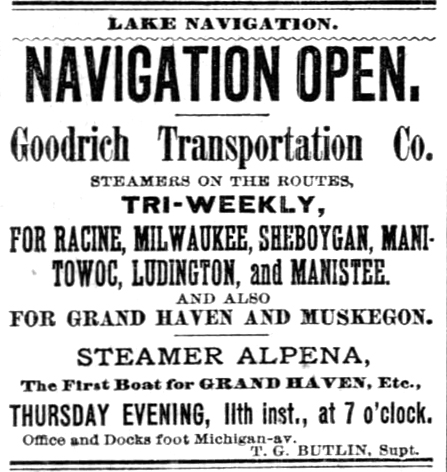The advertisement for the passenger steamer ship Alpena, which was operated by Goodrich Transportation Co., was published on March 9, 1880 in the Tribune. (Chicago Tribune)