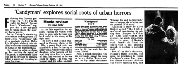 Tribune critic Dave Kehr said the 1992 inner-city horror movie "Candyman," which was based in the city's Cabrini-Green public housing development, captured "a rare, untouristy sense of the city." (Chicago Tribune)