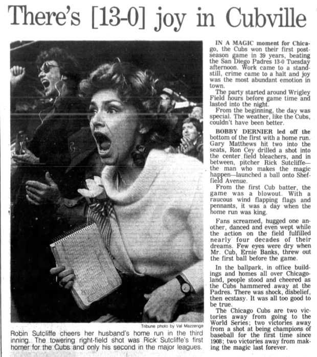The Chicago Cubs shut out the San Diego Padres 13-0 on Oct. 2, 1984 at Wrigley Field during Game 1 of the National League Championship Series. (Chicago Tribune)