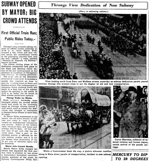 The city celebrated the opening of its subway system on Oct. 16, 1943 with a parade down State Street. (Chicago Tribune)