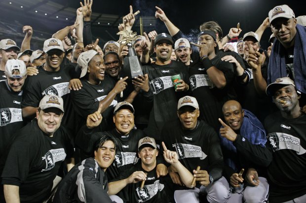 The Chicago White Sox celebrate after defeating the Los Angeles Angels 6-3 in Game 5 of the American League Championship Series on Oct. 16, 2005 in Anaheim. It was the first time the Sox won the American League pennant since 1959. championship by defeating the Anaheim Angels 6-3 in Anaheim on Sunday, Oct 16, 2005. (Charles Cherney/Chicago Tribune)