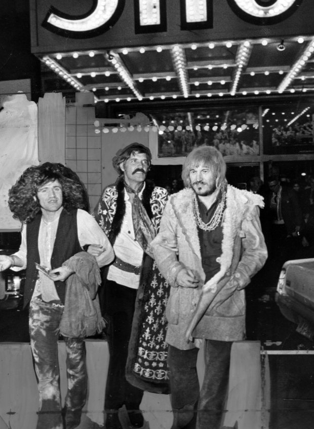 After the opening of the musical "Hair" at the Shubert Theater in Chicago, producer Michael Butler and co-authors Gerome Ragni and James Rado head to a party on Oct. 22, 1969. (Chicago Today)