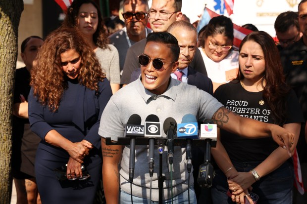 Outside Humboldt Park Health hospital in Chicago, Ald. Jessie Fuentes, 26th, describes being handcuffed by federal agents in the emergency room after repeatedly asking them if they had a warrant to detain a person who reportedly was injured while being chased by the agents on Oct. 3, 2025. (Terrence Antonio James/Chicago Tribune)