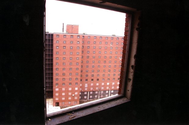 The 14th floor window at the Ida B. Wells complex on Feb. 28, 1996, in Chicago. This is the window where two boys dangled and dropped Eric Morse, 5, on Oct. 13, 1994, when he refused to steal candy for them. (Bill Hogan/Chicago Tribune)