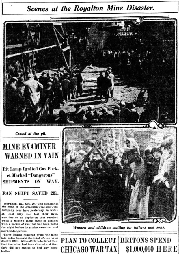 More than 50 men lost their lives in the Franklin Coal and Coke Co. mine in downstate Royalton, Illinois after a pocket of gas was ignited by a miner's lamp on Oct. 27, 1914. (Chicago Tribune)