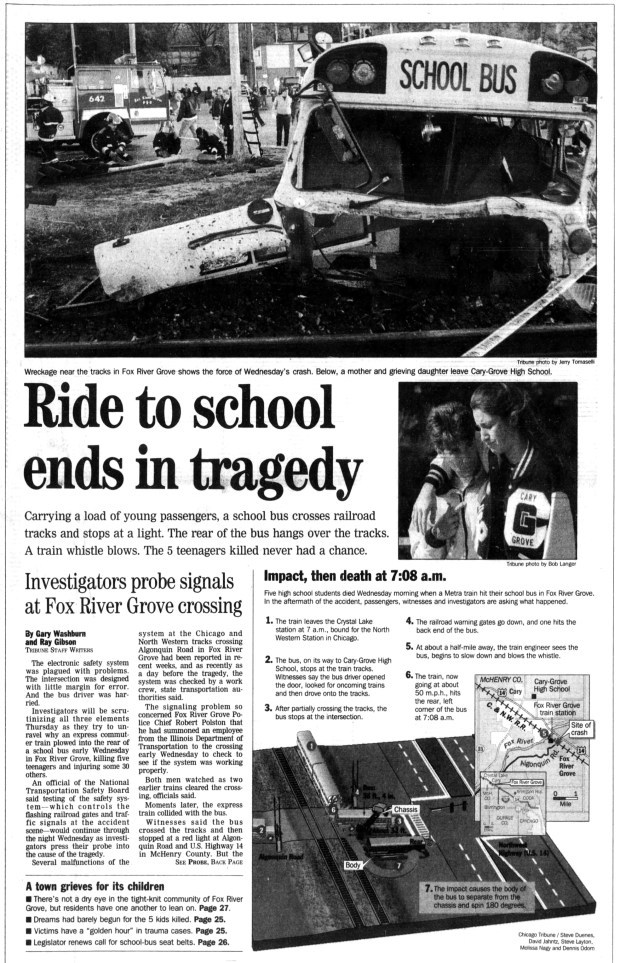 Seven Cary-Grove High School students were killed on Oct. 25, 1995 when the school bus they were riding in was hit by a Metra commuter train on tracks crossing Algonquin Road in Fox River Grove. (Chicago Tribune)