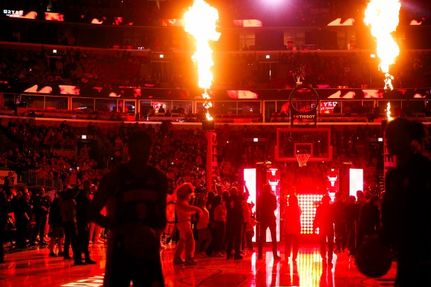 Flames shoot above the court during player introductions before the Chicago Bulls play the Detroit Pistons in the home opener at the United Center Wednesday Oct. 22, 2025 in Chicago. (Armando L. Sanchez/Chicago Tribune)