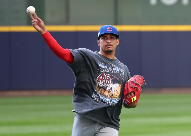 Chicago Cubs relief pitcher Daniel Palencia (48) warms up for the NL Division Series Game 1 against the Milwaukee Brewers at American Family Field in Milwaukee on Oct. 4, 2025. (Chris Sweda/Chicago Tribune)