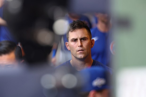 Chicago Cubs starting pitcher Matthew Boyd walks through the dugout after being pulled from the game in the first inning of the NL Division Series Game 1 against the Milwaukee Brewers at American Family Field in Milwaukee on Oct. 4, 2025. (Chris Sweda/Chicago Tribune)