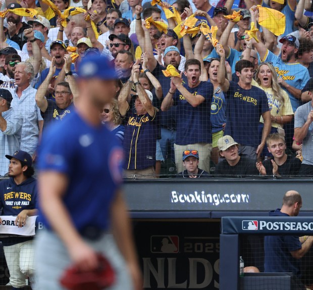 Milwaukee Brewers fans cheer after the conclusion of the first inning against the Chicago Cubs in the NL Division Series Game 1 at American Family Field in Milwaukee on Oct. 4, 2025. (Chris Sweda/Chicago Tribune)