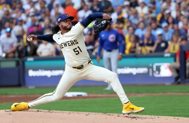 Milwaukee Brewers starting pitcher Freddy Peralta (51) delivers to the Chicago Cubs in the first inning of the NL Division Series Game 1 at American Family Field in Milwaukee on Oct. 4, 2025. (Chris Sweda/Chicago Tribune)