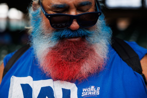 Paul "Santa" Margolis walks in the stands before the Cubs play the Padres in Game 2 of the wild-card series at Wrigley Field, Oct. 1, 2025. (Armando L. Sanchez/Chicago Tribune)