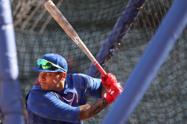 Chicago Cubs designated hitter Moisés Ballesteros takes batting practice ahead of Game 3 of the NL wild-card series against the San Diego Padres at Wrigley Field in Chicago on Oct. 2, 2025. (Chris Sweda/Chicago Tribune)