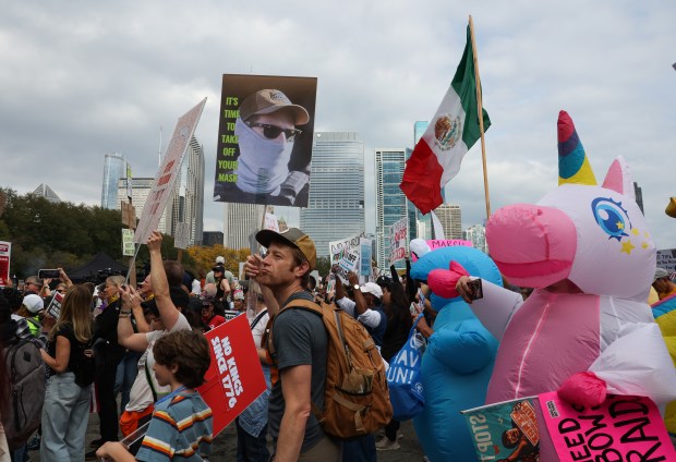 Demonstrators gather at Butler Field for the "No Kings" rally and march, Oct. 18, 2025, in Chicago. (John J. Kim/Chicago Tribune)