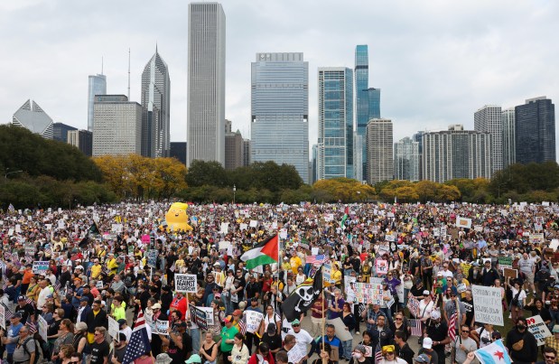 Demonstrators listen to speakers during the "No Kings" rally at Butler Field Saturday, Oct. 18, 2025, in Chicago. (John J. Kim/Chicago Tribune)