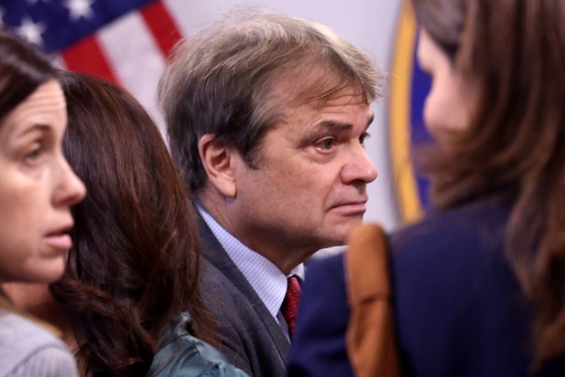 U.S. Rep. Mike Quigley, 5th, prepares to speak as elected officials and residents who witnessed Immigration and Customs Enforcement actions hold a press conference at City Hall, Oct. 31, 2025. (Antonio Perez/Chicago Tribune)