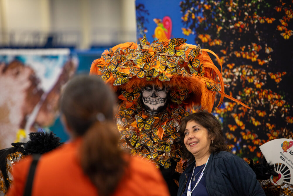 A person dressed as a "catrina" for Dia de los Muertos at Houston's Travel Festival on September 29, 2023.