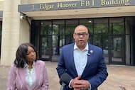 U.S. Reps. Jasmine Crockett, D-Dallas, and Marc Veasey, D-Fort Worth, outside FBI...