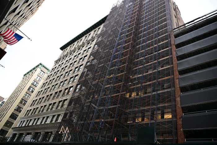 Scaffolding on East 16 in Flatiron district, part of the city’s network of more than 8,600 sheds that mayoral candidate Zohran Mamdani has pledged to reduce under his proposed reform plan