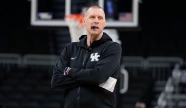 Mar 20, 2025; Milwaukee, WI, USA; Kentucky Wildcats head coach Mark Pope looks on during NCAA Tournament First Round Practice at Fiserv Forum. Mandatory Credit: Jeff Hanisch-Imagn Images