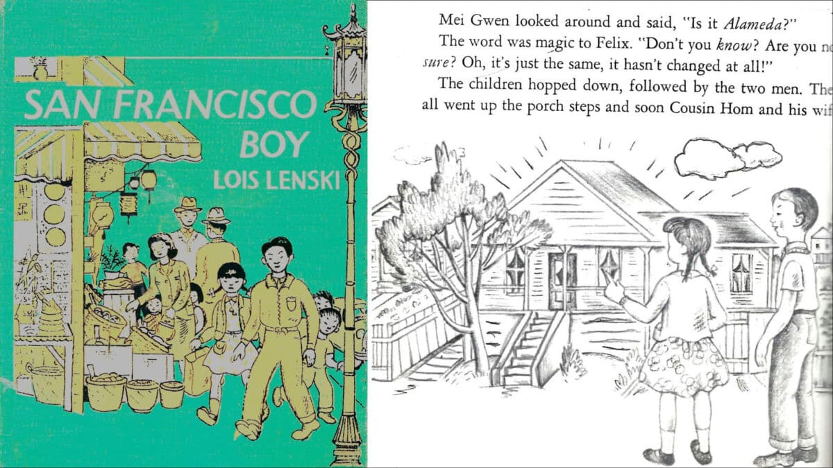 Alameda Post - the cover of San Francisco Boy by Lois Lenski and one page of dialogue with a drawing of two people looking at an Alameda house.