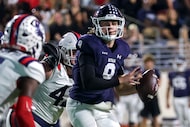 Denton Ryan quarterback Quin Henigan (9) looks for a receiver against Richland during the...
