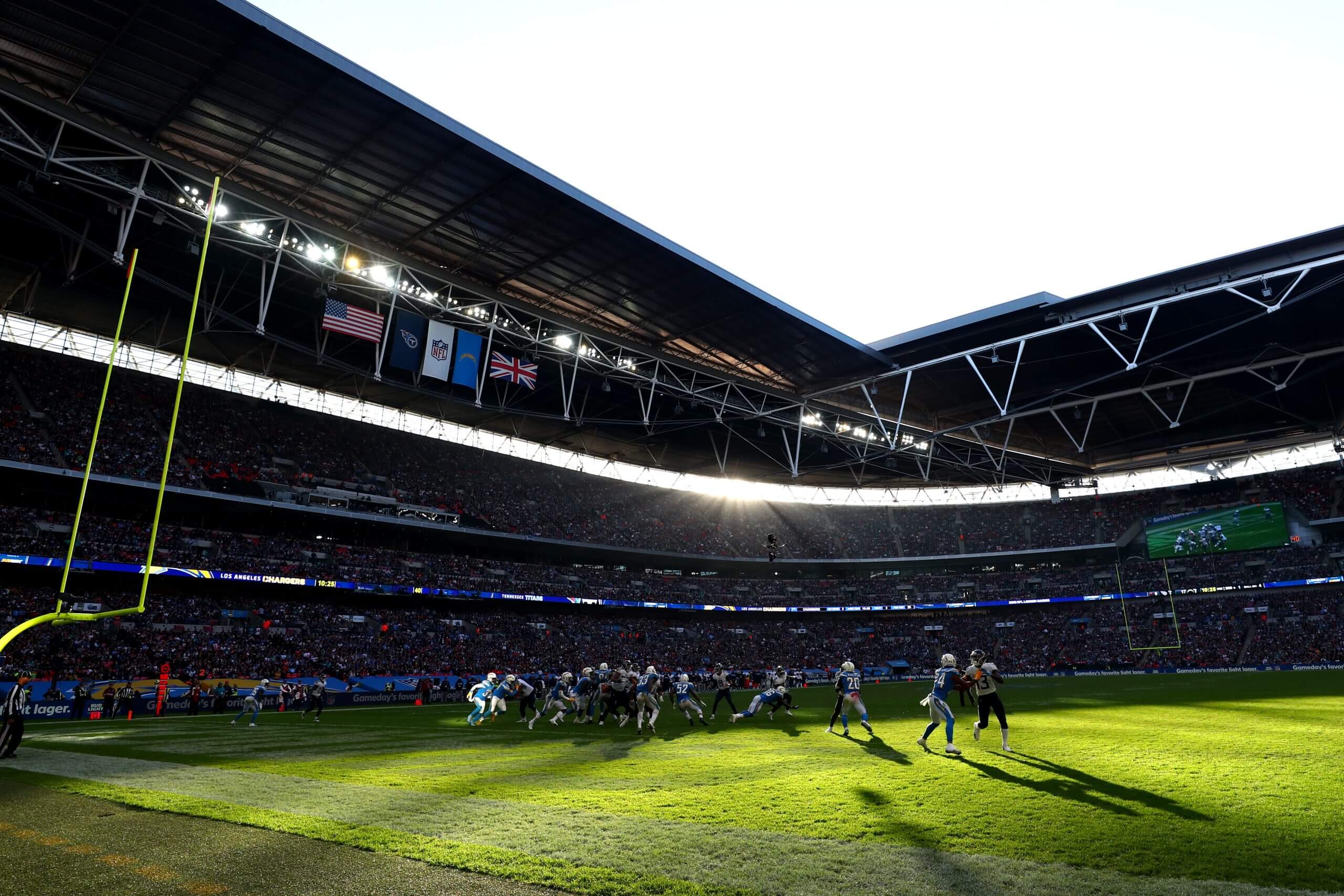 The Titans and Chargers are shown playing a game at Wembley Stadium in 2018.