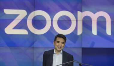 Eric Yuan, founder and chief executive officer of Zoom Video Communications Inc., stands before the opening bell during the company's initial public offering (IPO) at the Nasdaq MarketSite in New York, U.S., on Thursday, April 18, 2019. Zoom reported net income of $7.6 million on revenue of $331 million for the year ended January, and is now worth nine times the $1 billion valuation it secured after a funding round two years ago. Photographer: Victor J. Blue/Bloomberg via Getty Images