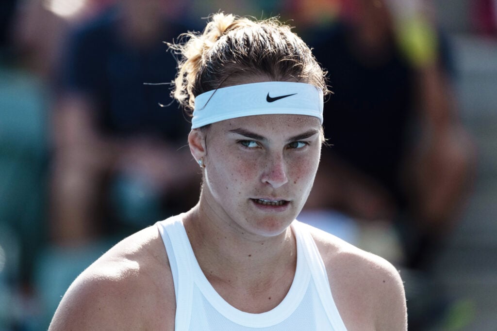 Aryna Sabalenka of Belarus looks on in her round 1 match against Su-Wei Hsieh of Chinese Taipei during day three of the 2020 Adelaide International at Memorial Drive.